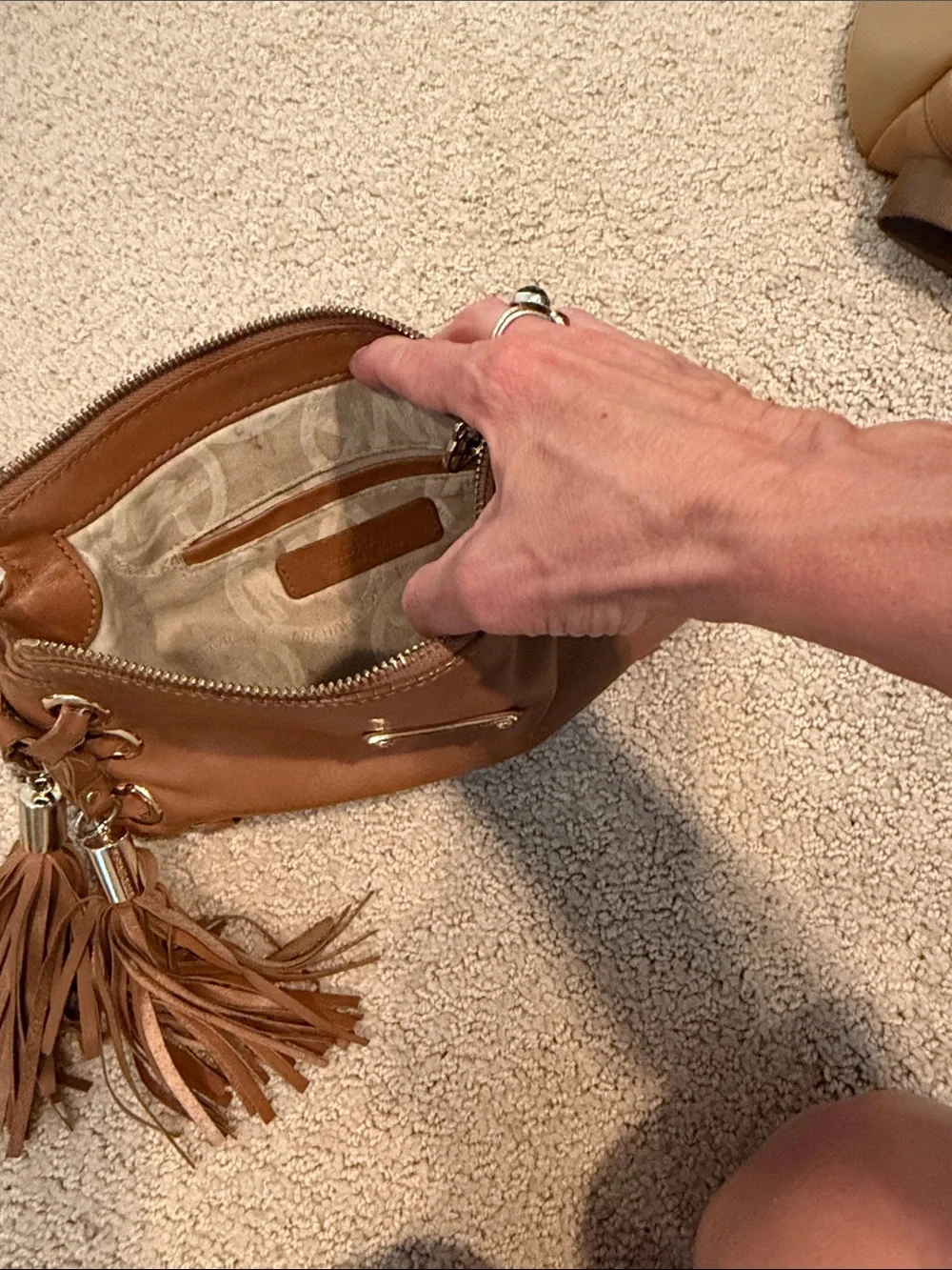 Michael Kors Brown Leather Shoulder Bag with Tassel and Grommet Detail